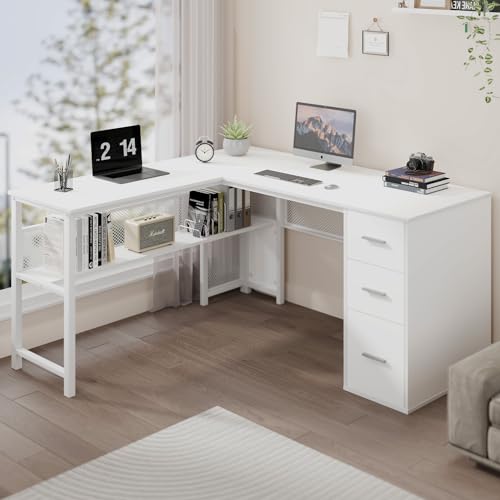 LVB Reversible Gray L Shaped Corner Desk, Farmhouse Wood Computer Desk with File Drawers Cabinets, Large Work Study Executive Home Office Desk with Storage Shelves for Bedroom, Light Grey Oak, 59 Inch