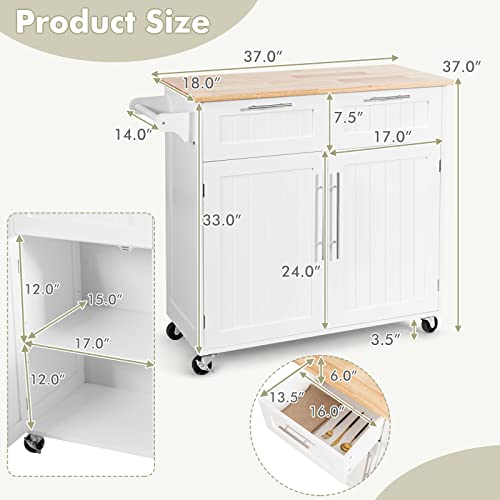 Topment Rolling Kitchen Island Cart Storage Trolley Multipurpose Serving Cart with Storage,Lockable Wheels,Towel Rack and Rubber Wood Top(White)