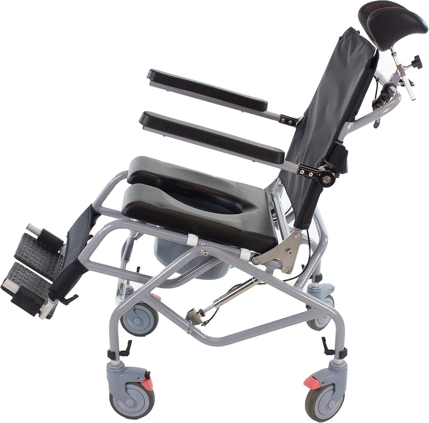 Professional Tilt-in-Space Reclining Shower/Commode Chair. Padded. Flip-up Arm and Foot Rests. Includes Locking Casters, Commode Pail and Adjustable Headrest. Total-Care 3-in-1 Multifunction Chair.