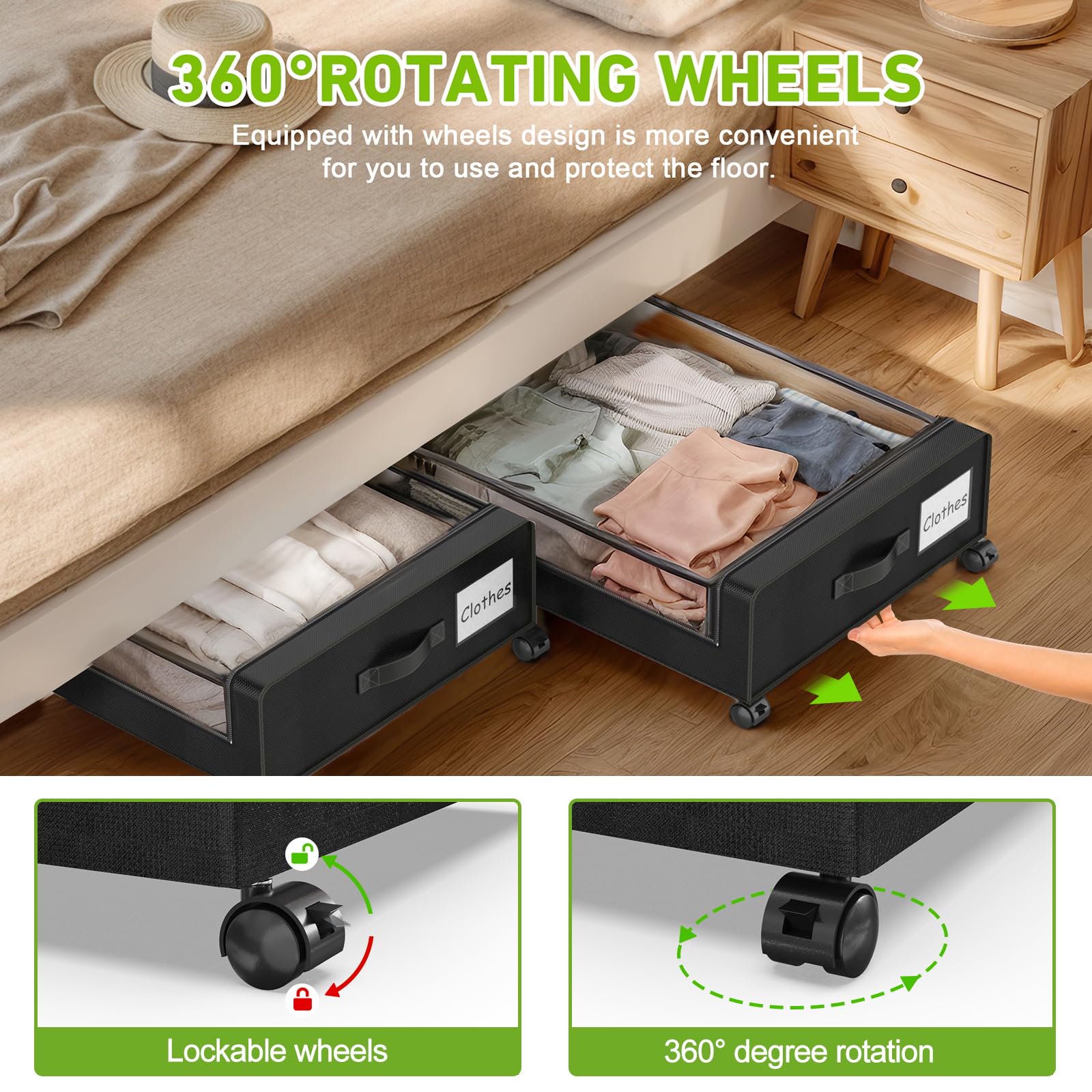 Underbed storage with wheels, 2 pack rolling storage containers, clear lid shoe organizer for seasonal clothes blankets holiday decorations, compact design, black