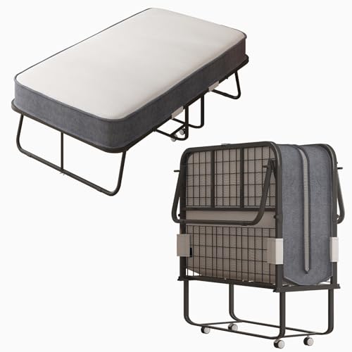 Mjkone Folding Bed with 5 Inch Memory Foam Mattress, Single Rollaway Bed for Guests, Space Saving Portable Bed with Lockable Wheels, Easy Assembly & Moving, 75 x 46 (Upgraded)