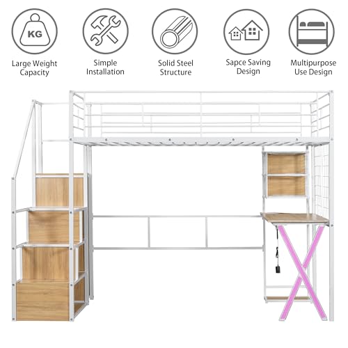Full Size Loft Bed with Desk and Stairs,Metal Gaming Loft Bed Full with Wardrobe and Shelf, High Loft Bed with LED & USB Charging Station for Teens, Adults, Space Saving Design,Black