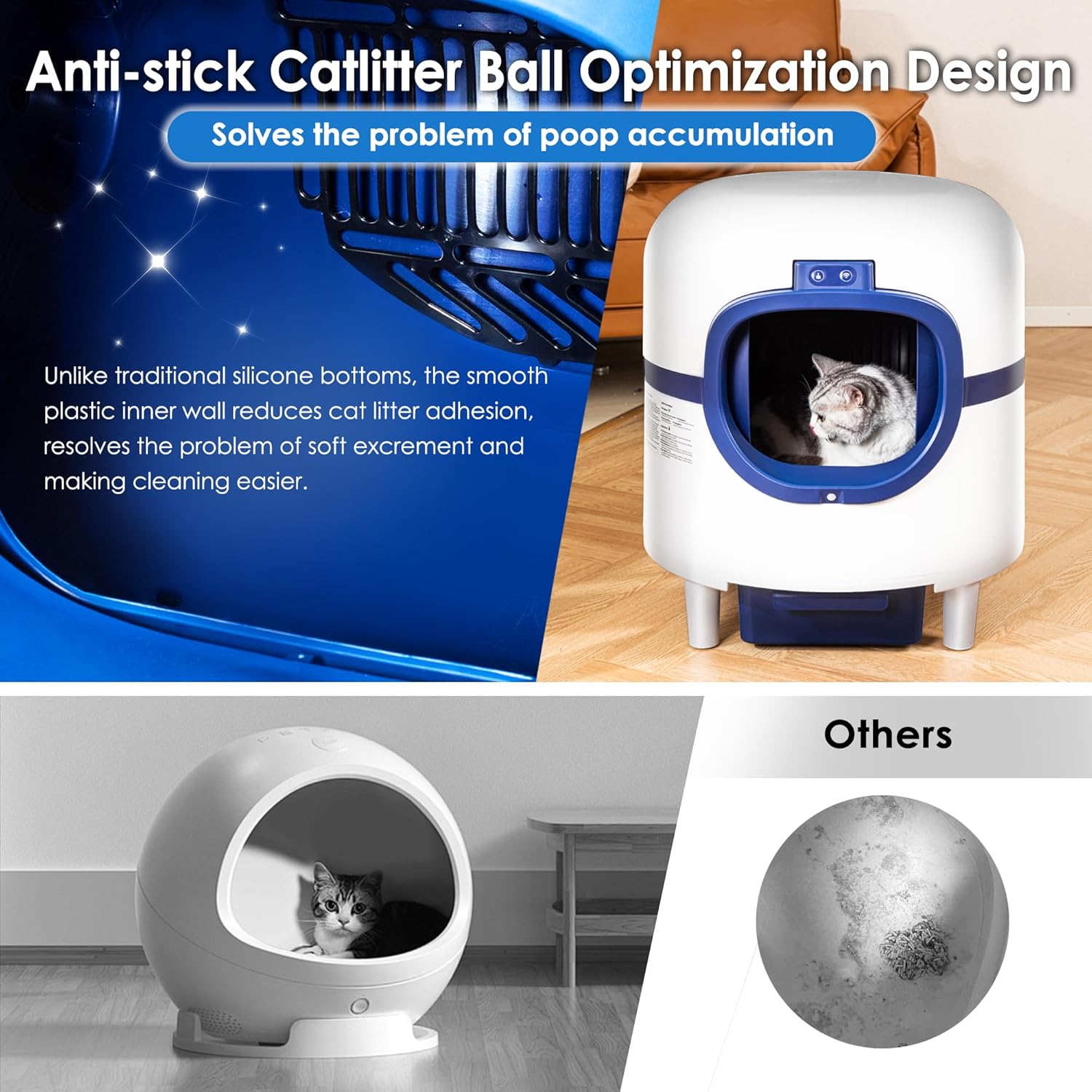 LMVVC Self Cleaning Cat Litter Box, Automatic Cat Litter Box Large Capacity Suitable for Multiple Cats,APP Control/Low Noise/Safety Protection/Odor Removal,2 Rolls Garbage Bags, White & Blue