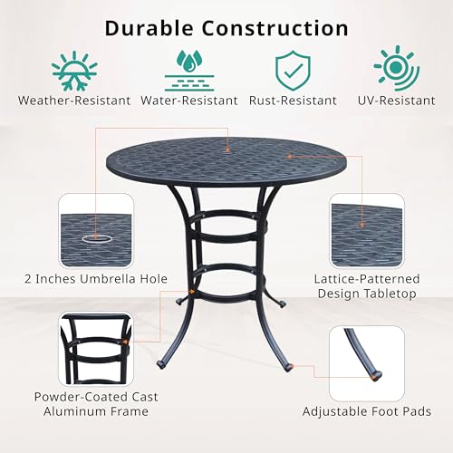 Stylish Manhattan Collection 42" Modern Cast Aluminum Round Bar Table - Weather Resistant Outdoor Patio Furniture, Bistro & Bar Height Table with Umbrella Hole (Aged Bronze)