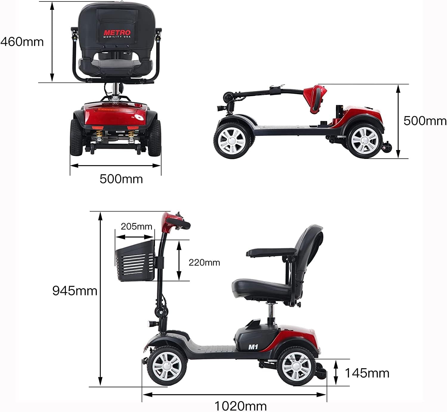 Folding Mobility Scooter for Seniors 4 Wheel Scooter for Adults Electric Medical Scooter Compact for Travel - Electric Powered Wheelchair Device - Compact Heavy Duty Mobile (M1 Red)