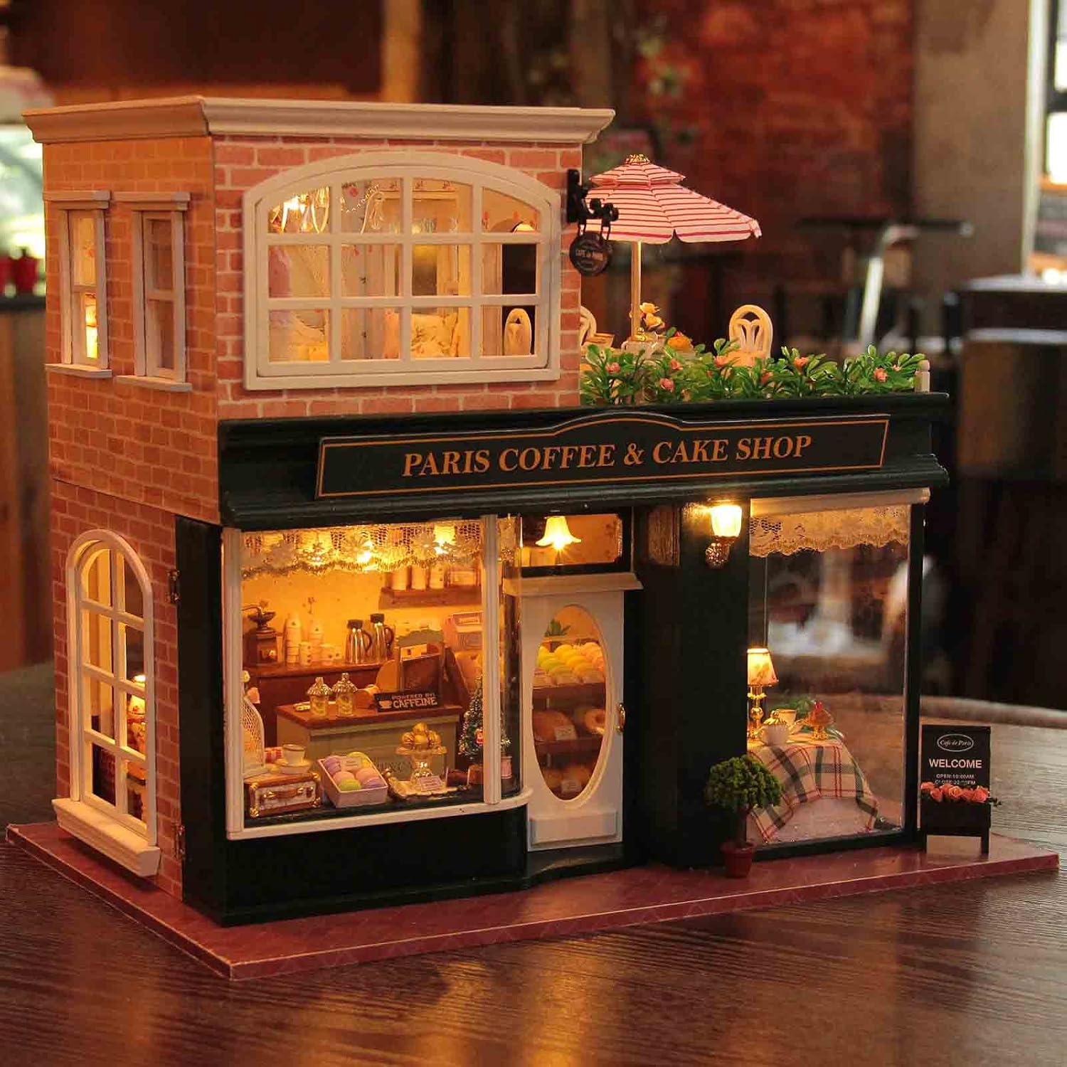 Ogrmar Wooden Dollhouse Miniatures DIY House Kit with Led Light and Dust Cover-Paris Coffee & Cake Shop