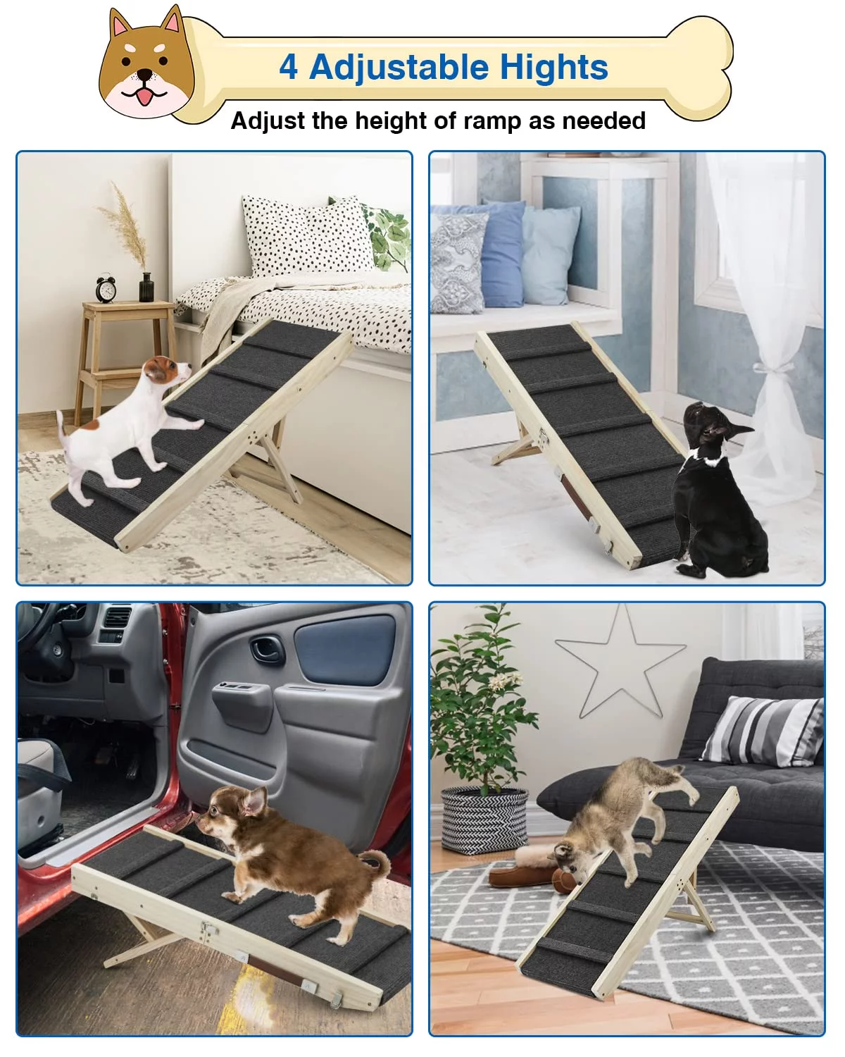 TNELTUEB Adjustable Dog Ramp, Wooden Folding Portable Pet Ramp,Rated for 30 LBS, 32.6" Long and Adjustable from 10" to 19" with Non-Slip Traction Mat, Cat Ramps for Car, Bed, Couch (Grey) - Curated Treasures Market