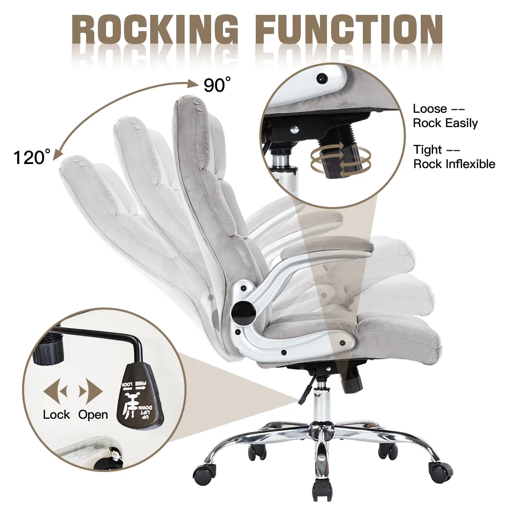 Velvet Office Chair for Home Office Desk Chair Comfy Computer Chair, Home Office Chairs with Wheels and Flip-Up Arms, High Back Cute Office Chair Work Chair (Grey)