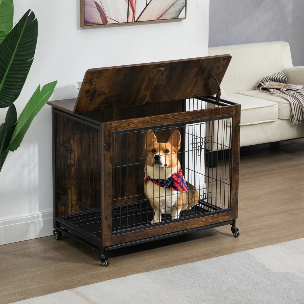 23.6"L x 20"W x 26"H Dog Crate Furniture with Cushion, Wooden Dog Crate Table, Double-Doors Dog Furniture, Dog Kennel Indoor for Small Dog, Dog House, Dog Cage Small, Rustic Brown - Curated Treasures Market