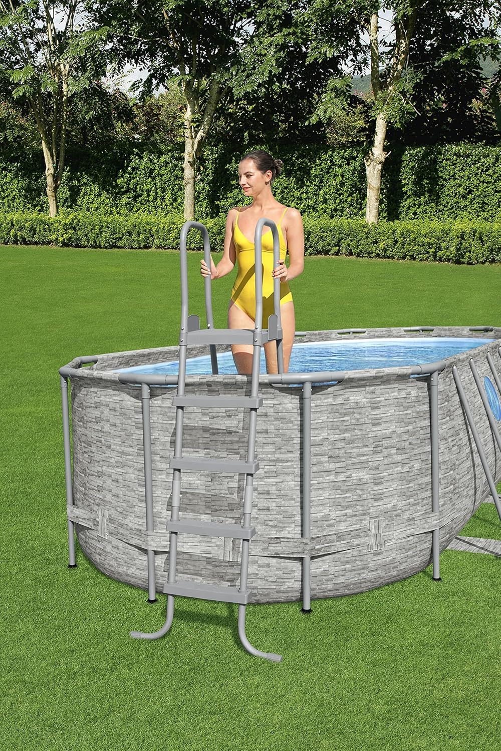 Bestway 58337E 52-Inch Durable Steel Above Ground Swimming Pool Ladder with No-Slip Steps in Gray with Arm Rails and Barrier
