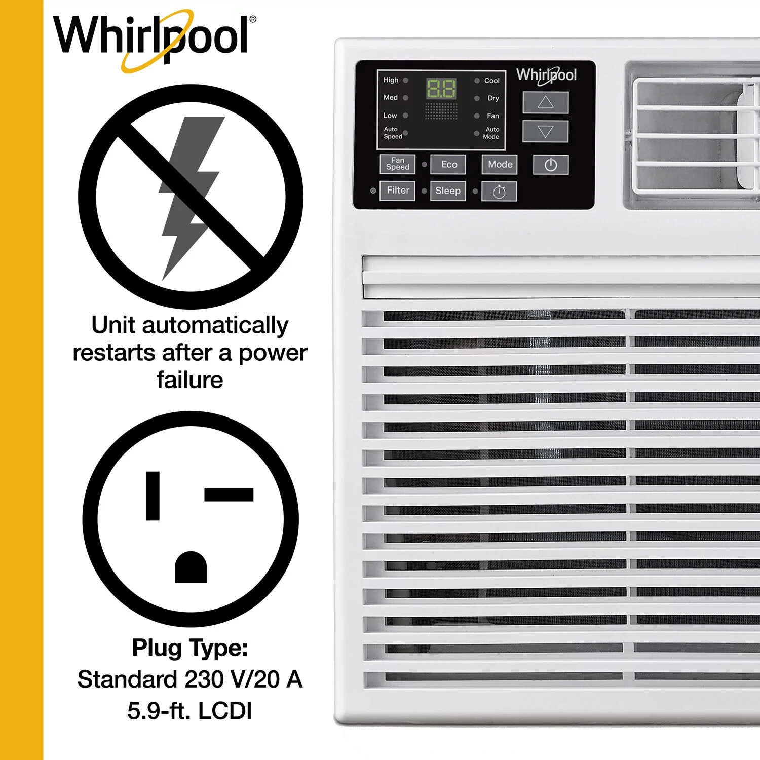 Whirlpool 12,000 BTU 230-Volt Through-the-Wall Air Conditioner, Dehumidifier | AC for Rooms up to 550 Sq.Ft | Remote Control | Digital Display | 24H Timer | WHAT122-2AW