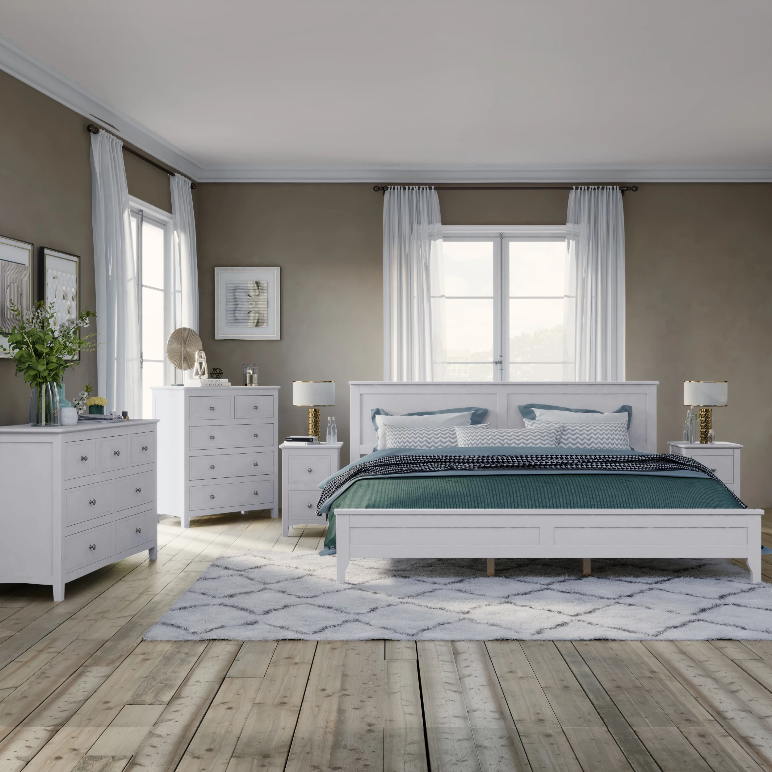 CoSoTower White Solid Wood 5 Pieces King Bedroom Sets(Bed+Nightstand*2+Chest+Dresser)