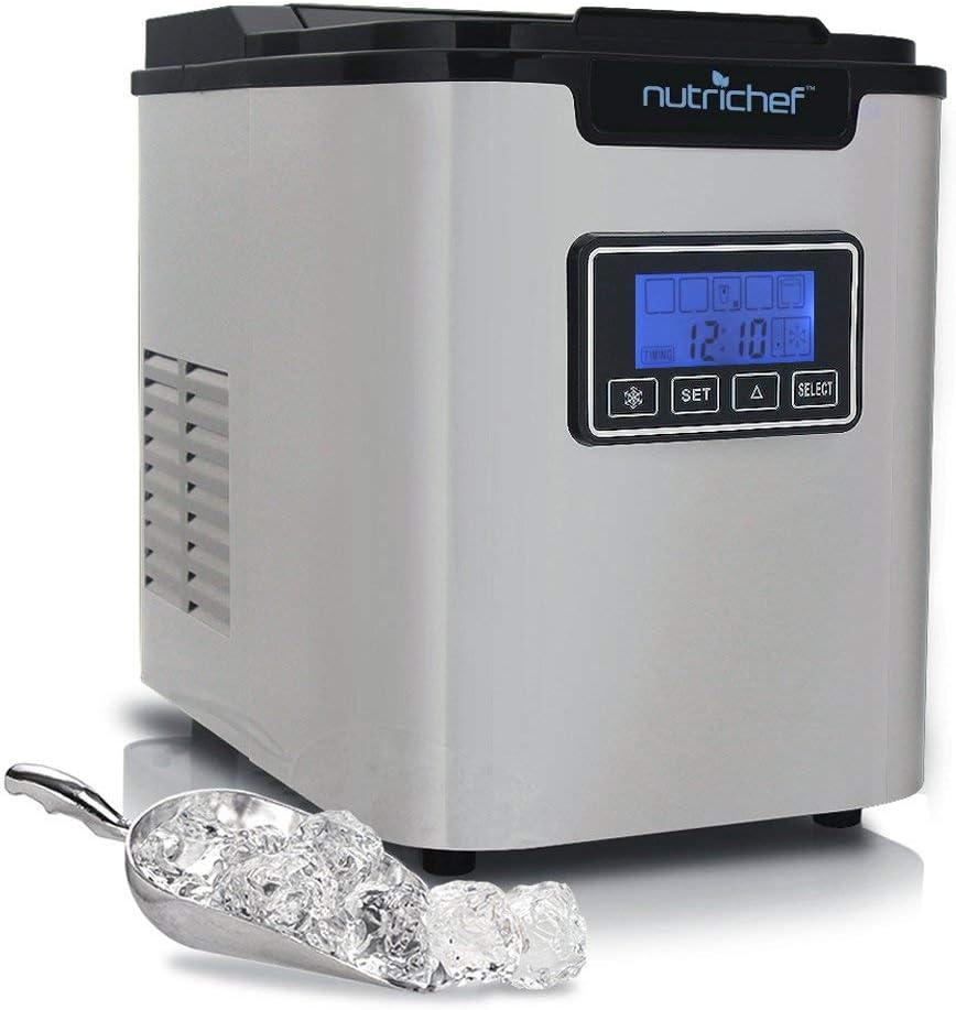 NutriChef Upgraded Digital Ice Maker Machine-Portable Stainless Steel,Stain Resistant Countertop w/Built-In Freezer,Over-Sized Ice Bucket Ice Machine w/Easy-Touch Buttons,Silver-PICEM62