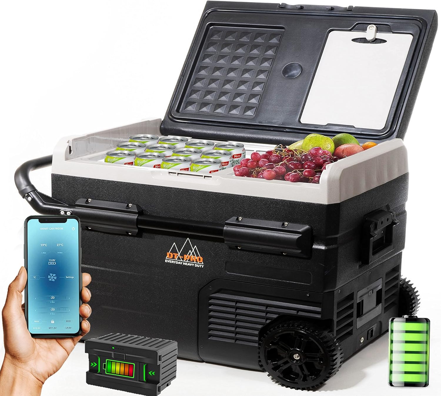 Portable Refrigerator Battery Operated Camping Fridge, Off grid solar powered cooler with Wheels, Reliable LG Compressor Fast Cooling + Eco mode, dual zone freezer temp' Range -4℉-68℉, Smart APP Control, Electric Iceless travel Freezer & warmer, Rech