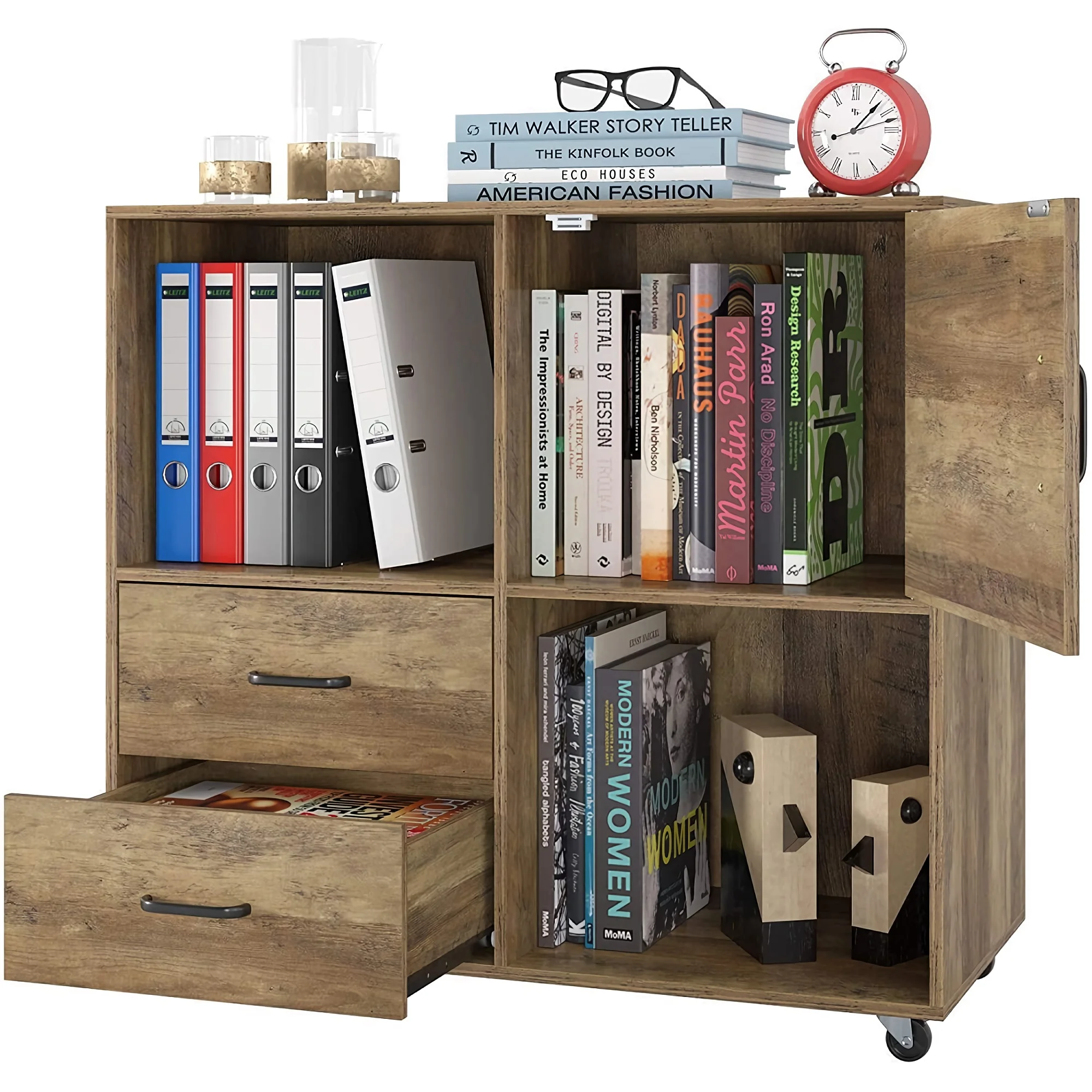 Wooden File Cabinet, Lateral Filing Cabinet Printer Stand with Wheels, 2 Drawers, Storage Shelves, Door Cabinet for Home, Office