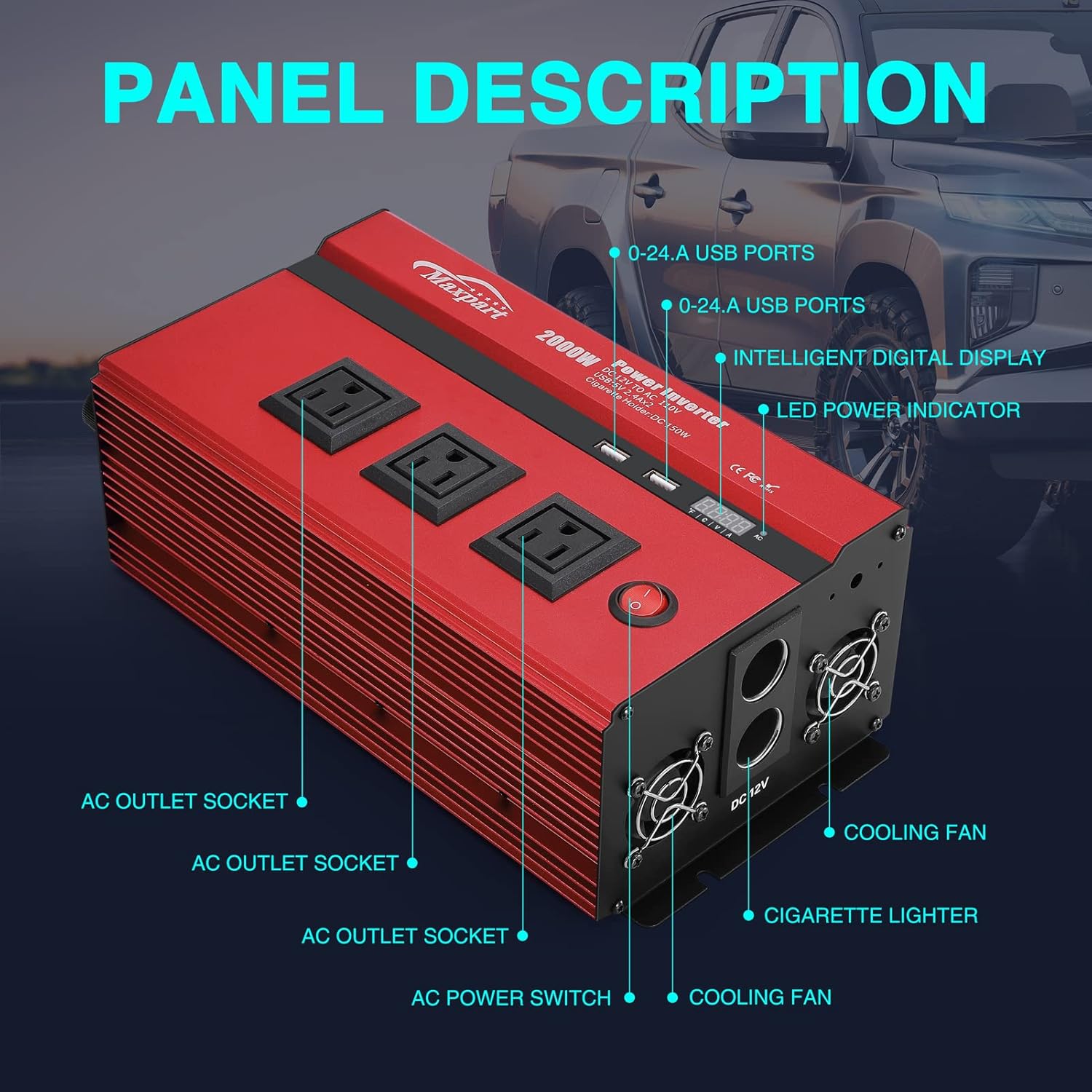 2000W Power Inverter 12v DC to 110v AC Converter with 3 AC Outlets, 2000 Watts Car Inverters for Vehicles Truck with 2 USB Charging Port (0-2.4A) and Car Cigarette Lighter,Solar Setup Inverter