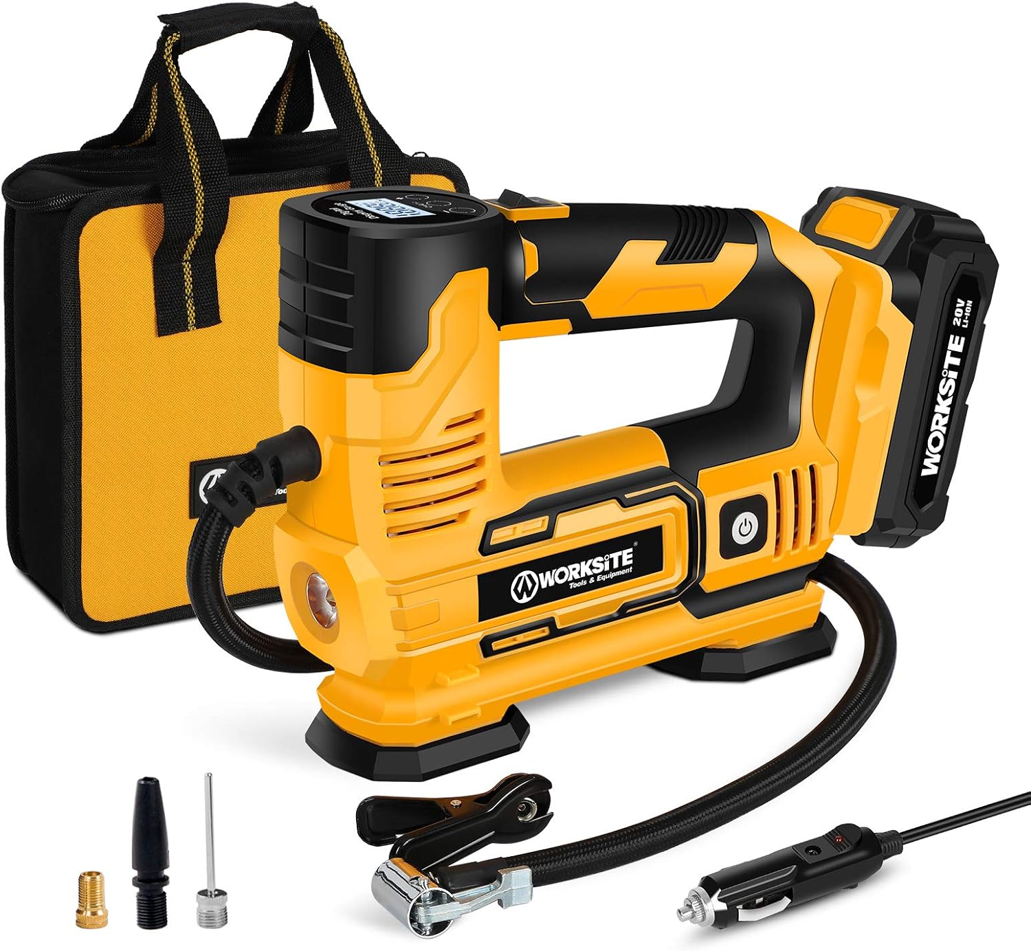 WORKSITE Tire Inflator Air Compressor Portable, 20V Cordless Tire Pump 150 PSI with Digital Pressure Gauge, Rechargeable Li-ion Battery and 12V Car Power Adapter