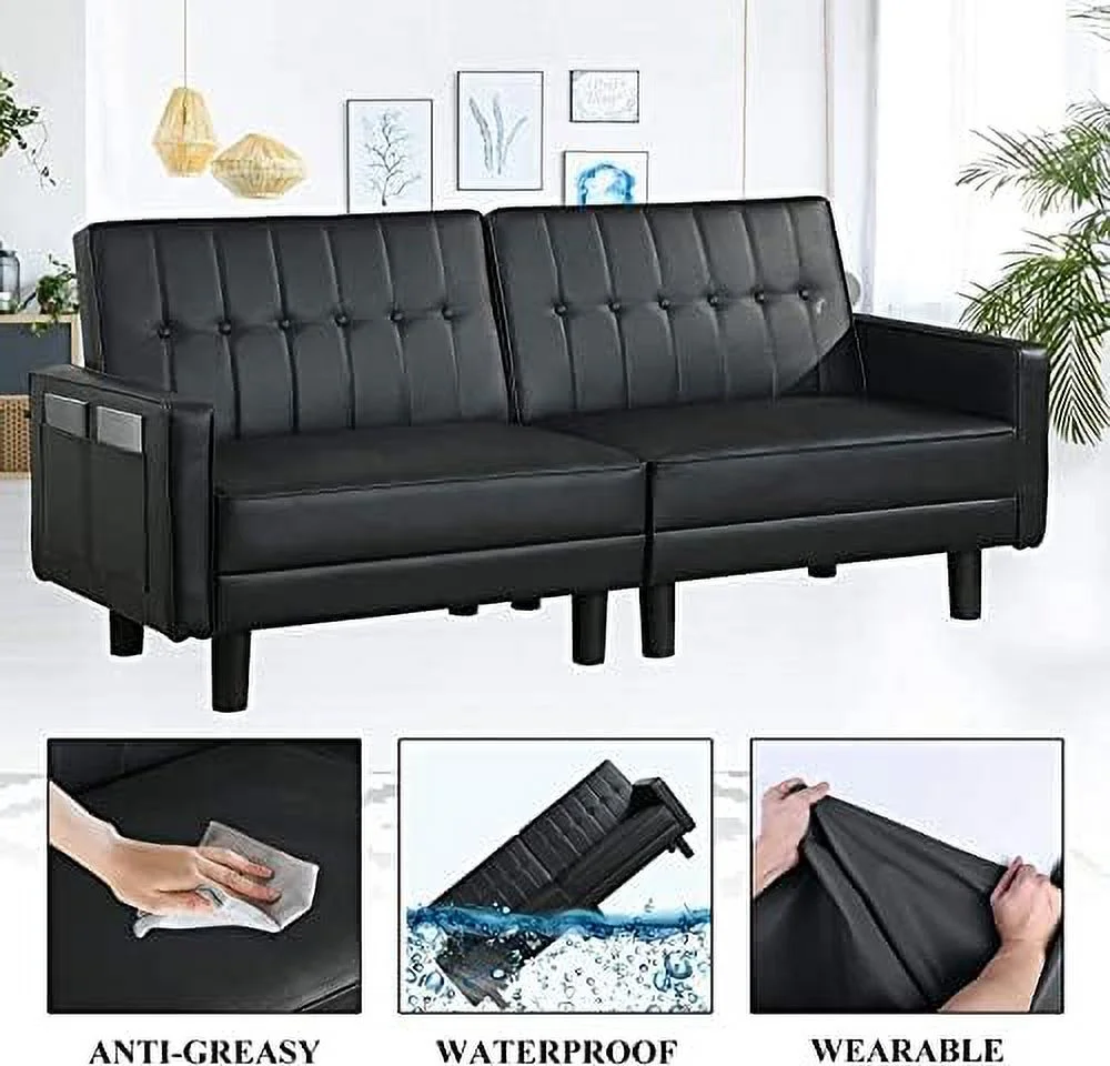 NLIBOOMLife Futon Sofa Bed Couch and Sleeper Sofas for Living Room  Faux Leather Convertible Folding Sofa Bed Couch and Loveseat for Small Space with Side Pockets Armrest and Sturdy Legs