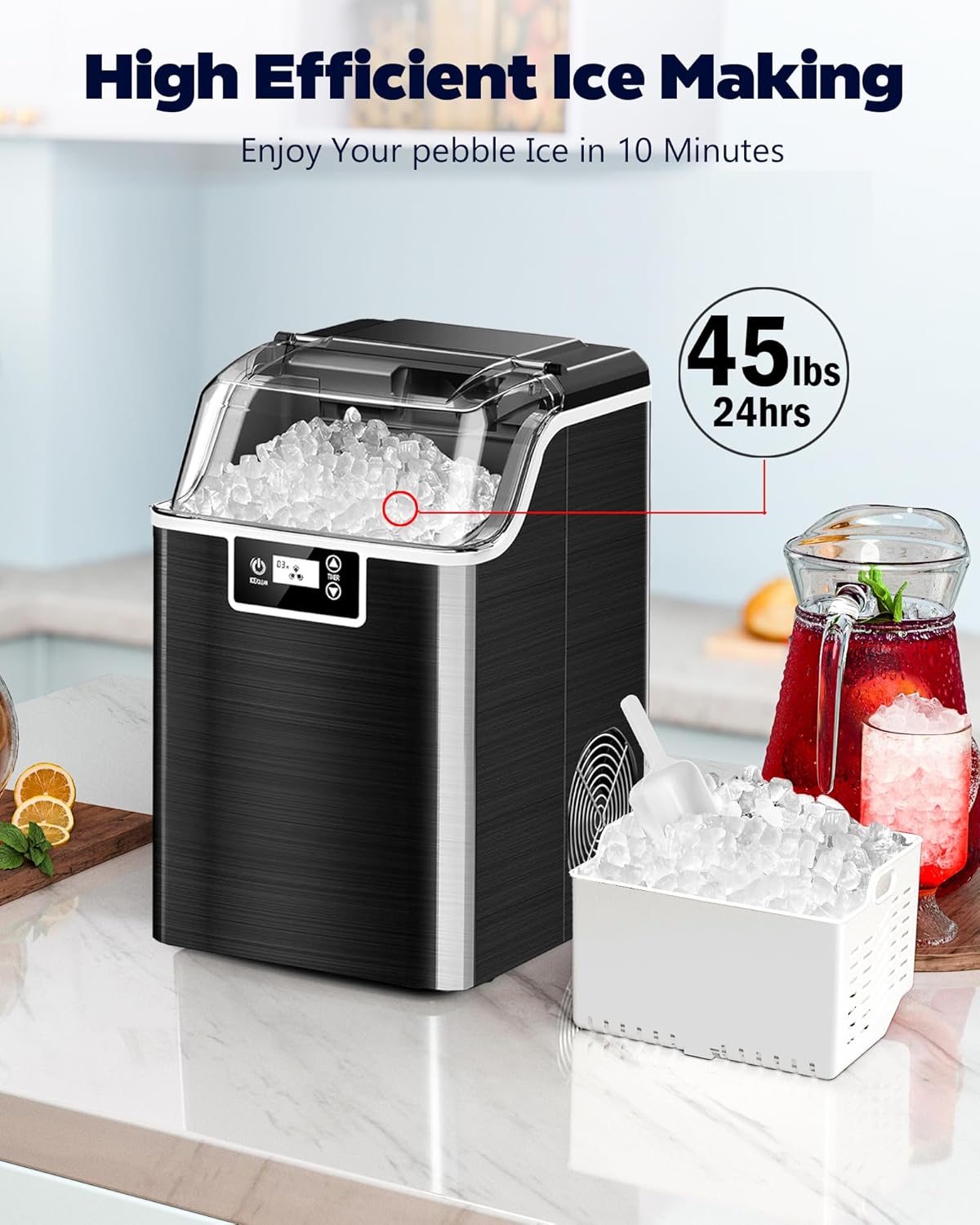 Kndko Nugget Ice Maker Countertop, Crushed Ice Maker, 45lbs/Day, 24H Timer, Self Cleaning Ice Maker Nugget Ice Cubes for Home Bar Party,Stainless Steel Black