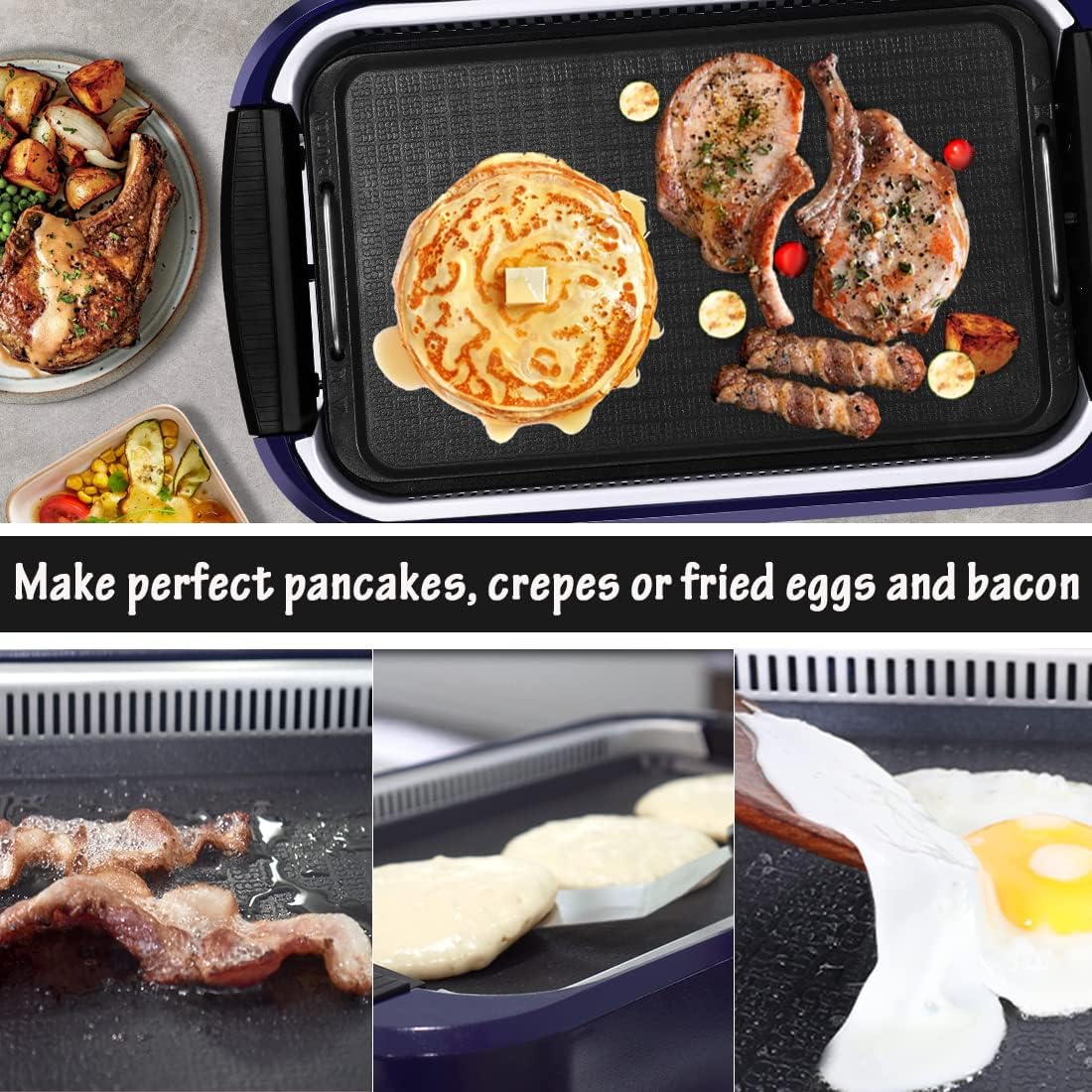 Smokeless Indoor Grill, CUSIMAX Electric Grill with Tempered Glass Lid, 1500 Indoor Grill & Flat Top Griddle for Cusimax Smokeless Grills, Pancake Griddle Plate, Dishwashe-Safe