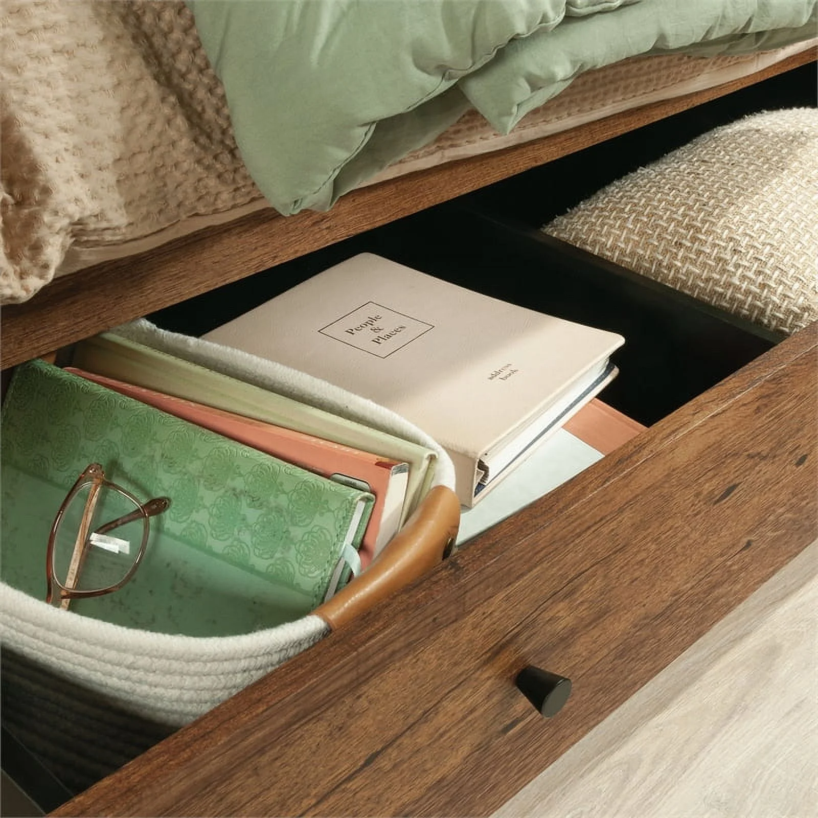 Sauder Boulevard Cafe Engineered Wood Queen Storage Bed in Vintage Oak Finish