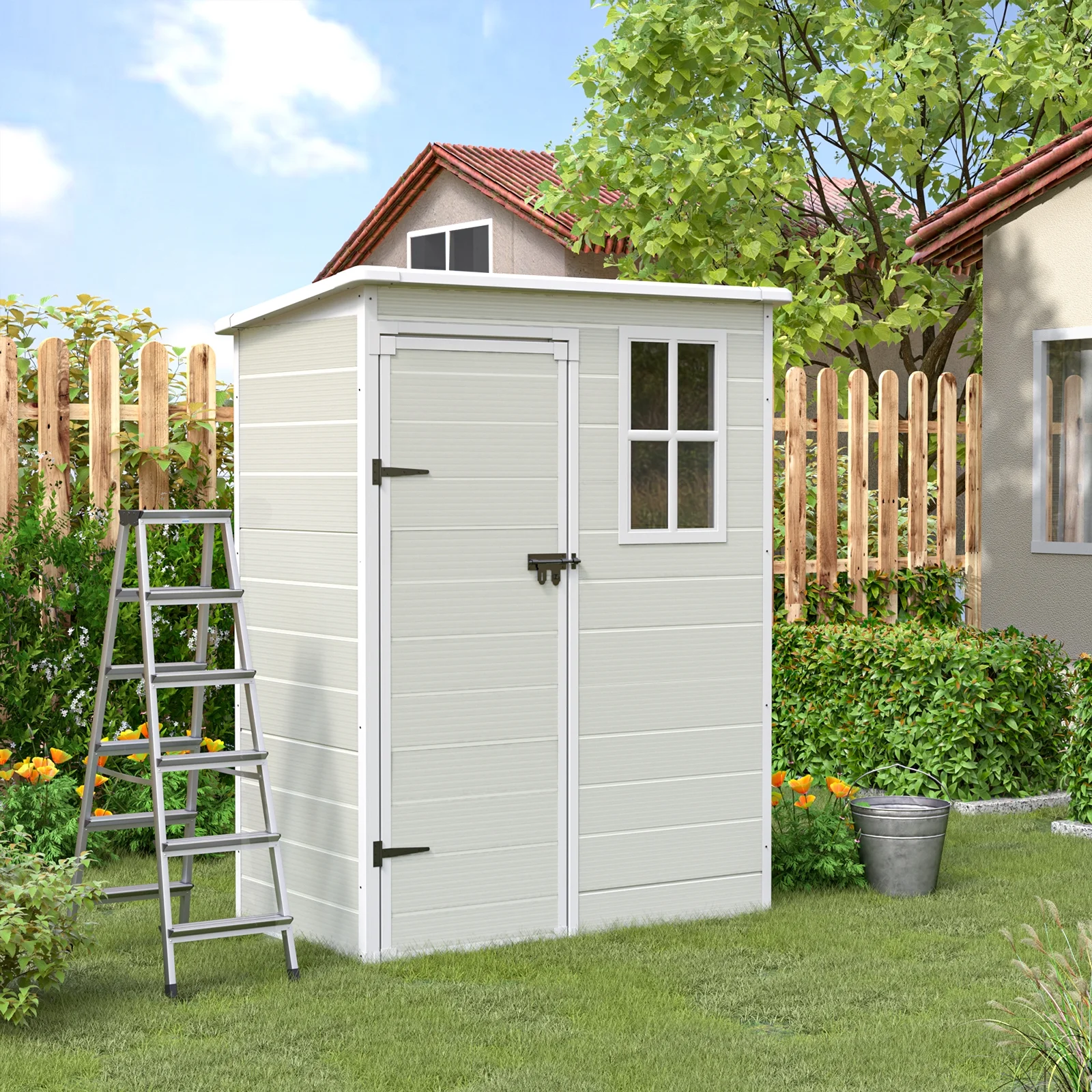 ECOPATIO Outdoor Storage Shed 5x3 FT, Resin Garden Shed for Bike, Garbage Can, Tool, Plastic Outside Sheds & Outdoor Storage Storage Box with Lockable Door for Backyard, Patio, Lawn, Sandstone