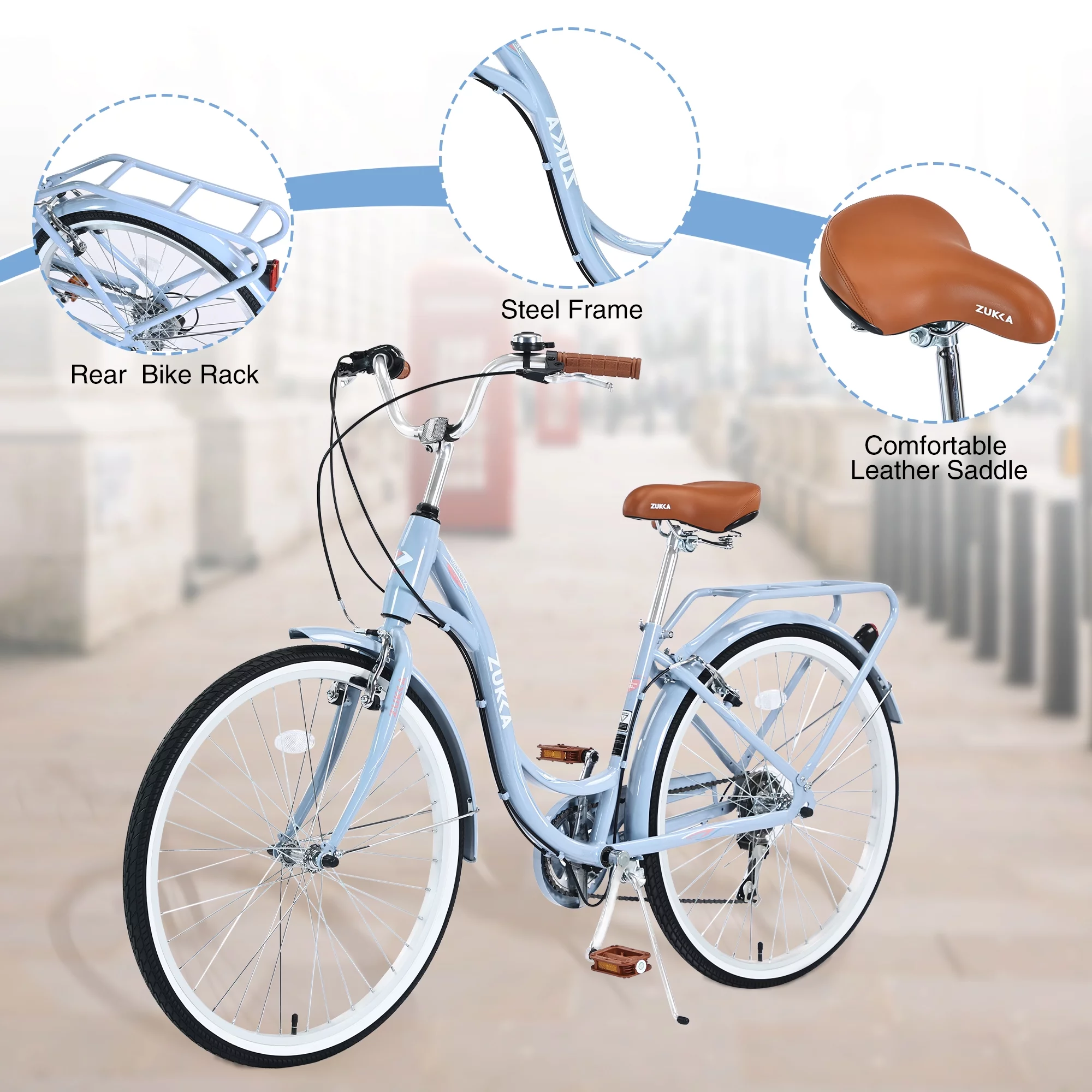 Women's Bike 26 7 Speed Comfortable City Bike Steel Frame Commuter Cruiser Bike for Ladies Adults, Blue