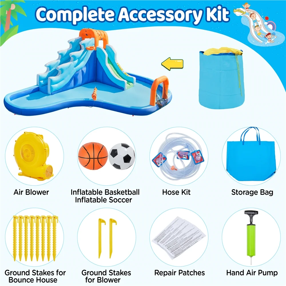 Topeakmart Dual Lane Inflatable Water Slide for Kids Large Splash Pool with Storage Bag & 650 W Blower