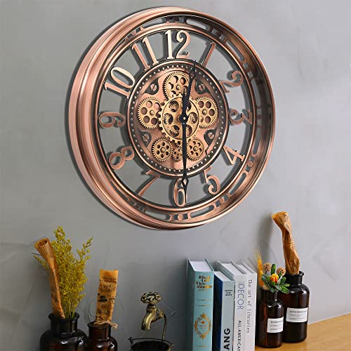 Moving Gear Wall Clock for Modern Farmhouse Living Room Decor,Large Industrial Steampunk Wall Clock,Metal Wall Clock Decorative for Home Office, Dinning Room,Copper (21 Inch)