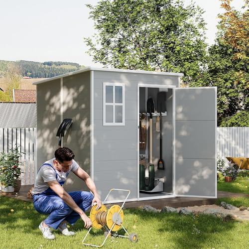 UDPATIO Outdoor Storage Shed 6 x 6 FT, Resin Garden Sheds with Floor Plastic Patio Outdoor Storage Shed with Lockable Door for Tool, Bike, Garbage Gray White