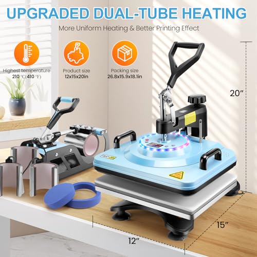 AKEYDIY Heat Press, Heat Press Machine for T Shirts 12''x15'', Tshirt Press Machine for Sublimation Mugs, Plates, Caps, 360° Swing Away Heat Transfer Machine Combo (12x15 Light Blue-8)