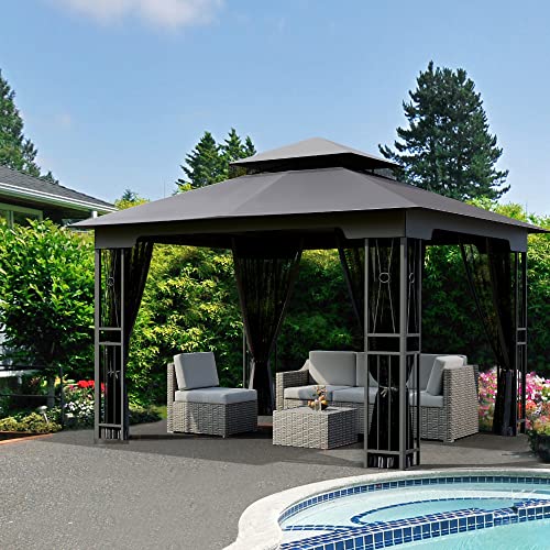 HAPPATIO 10' X 12' Outdoor Patio Gazebo, Outdoor Canopy Gazebo for Garden,Yard,Patio with Ventilation Double Roof with Mosquito Netting,Dark Brown