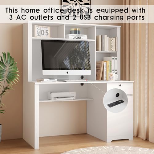 Computer Desk with Hutch & Bookshelf,Wood Executive Desk Teens Student Desk Writing Laptop Home Office Desk with Drawers,3 AC Outlets and 2 USB Charging Ports,Study Laptop Table for Home(White)