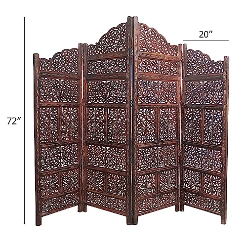 Room Divider Wood Screen - Ghanti Bells Antique Brown - 4 Panel Folding 72 x 80 - Assembled Hand Carved Decorative Functional Versatile Portable Partition Reversible Privacy Boho - COTTON CRAFT