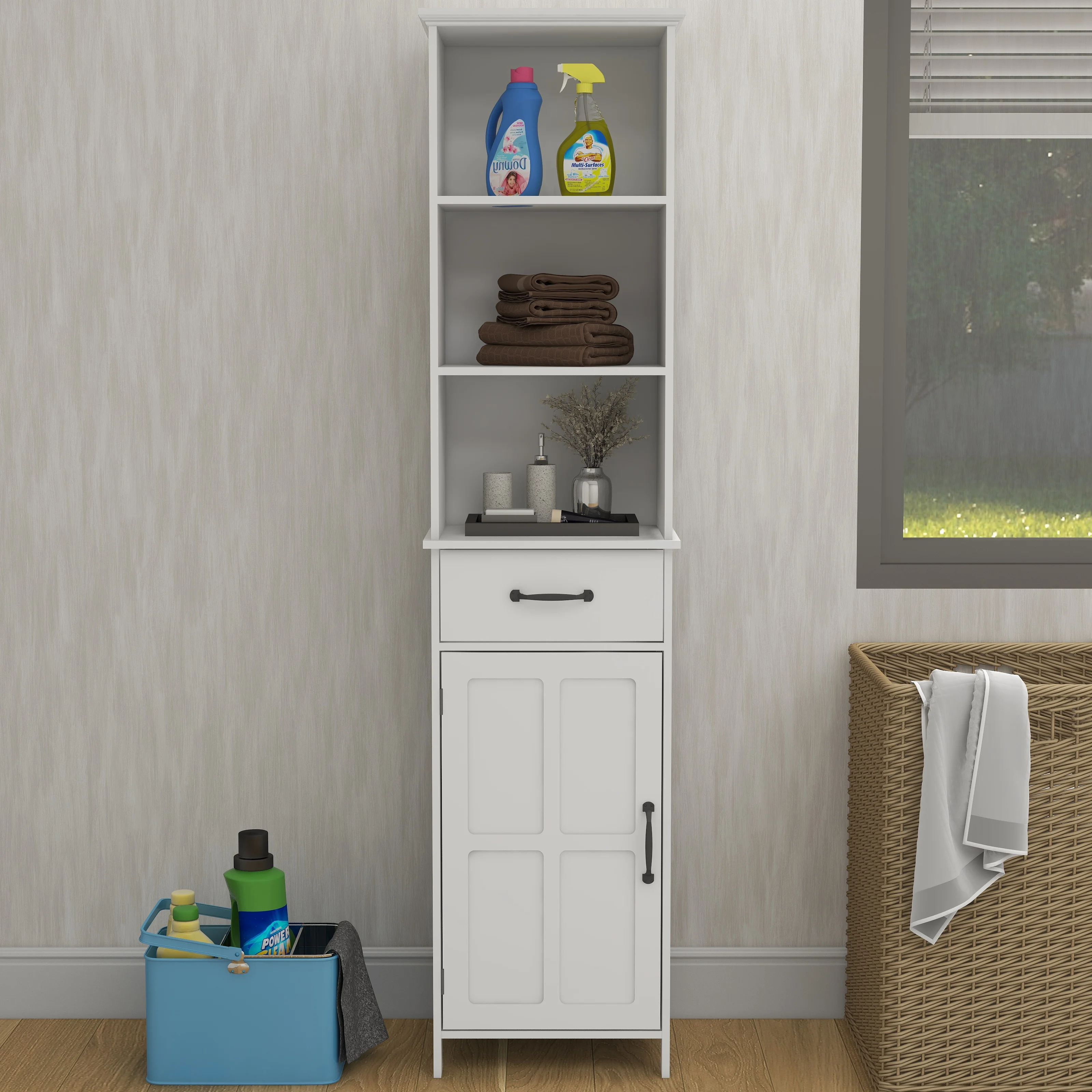 Tall Narrow Storage Cabinet, Bathroom Slim Floor Freestanding Cabinet with One Door for Bathroom, Bedroom and Living Room, White