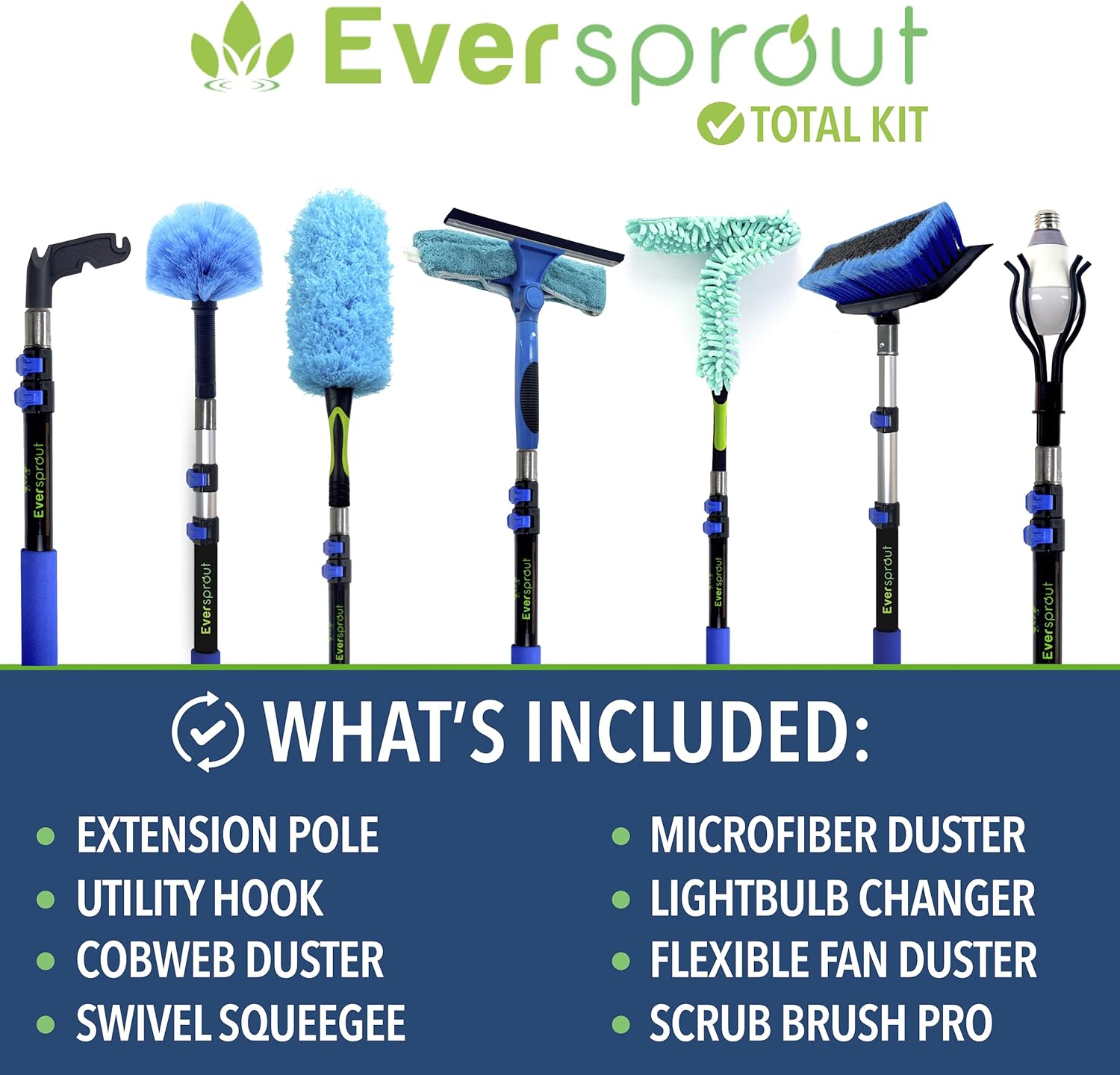 EVERSPROUT 7-to-20 Foot Extension Pole Total Kit (25+ Ft Reach) | Telescopic Pole, Scrub Brush, Light Bulb Changer, Hook, Swivel Squeegee, 3x Microfiber Dusters (Cobweb, Flexible Ceiling Fan, Feather)