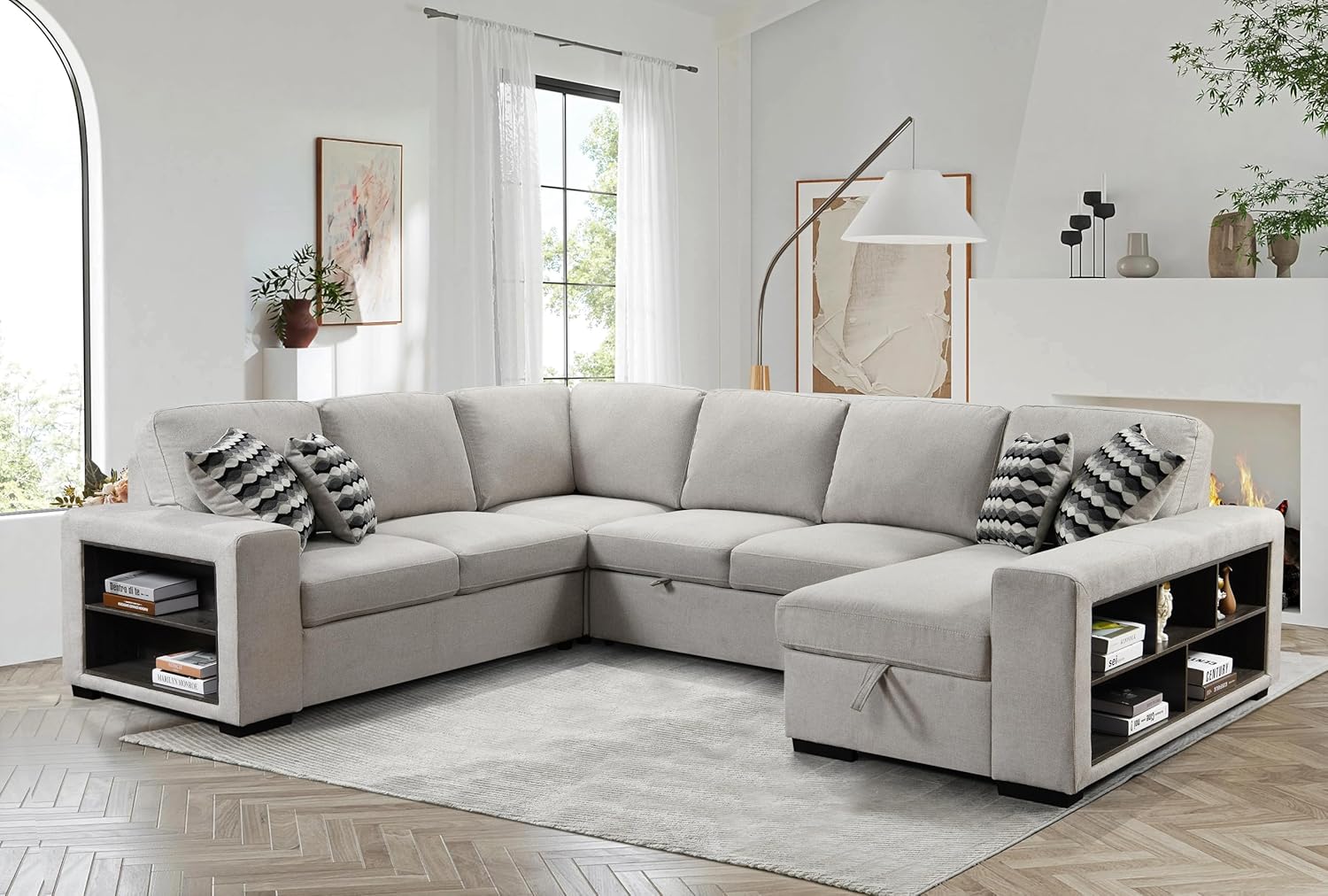 125'' Modern U Shaped 8 Seat Sectional Cabinet,Sofa Storage Chaise-Pull Out Couch Bed for Living Room, Beige