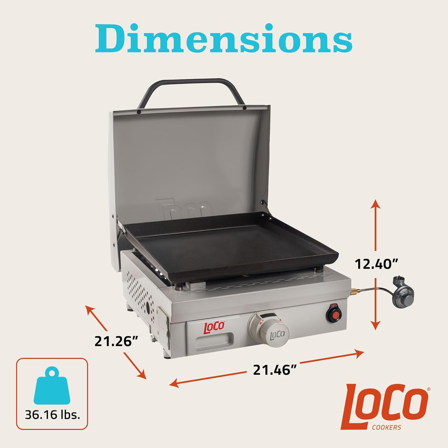 Loco Cookers 1 Burner Portable Tabletop Digital Propane SmartTemp 16 Inch Flat Top Grill, Operates on 1 Pound Propane Cylinder or 20 Pound Tank