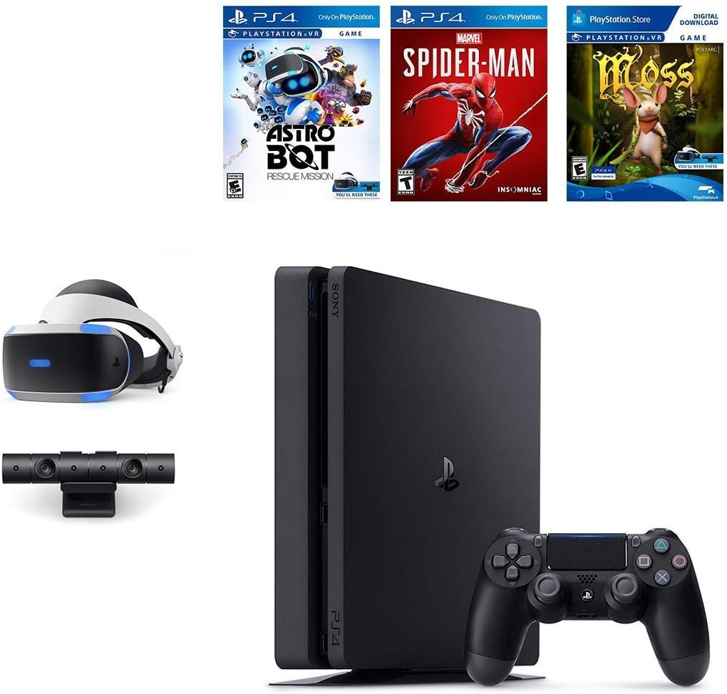 Sony Sony Playstation 4 Playstation 4 Slim 1TB Console Plus PS4 VR: Ps Camera, Ps VR Headset, Dual Shock 4 Wireless Controller, Game: Spider-Man, Moss Game, Astro Bot Rescue Mission, Black