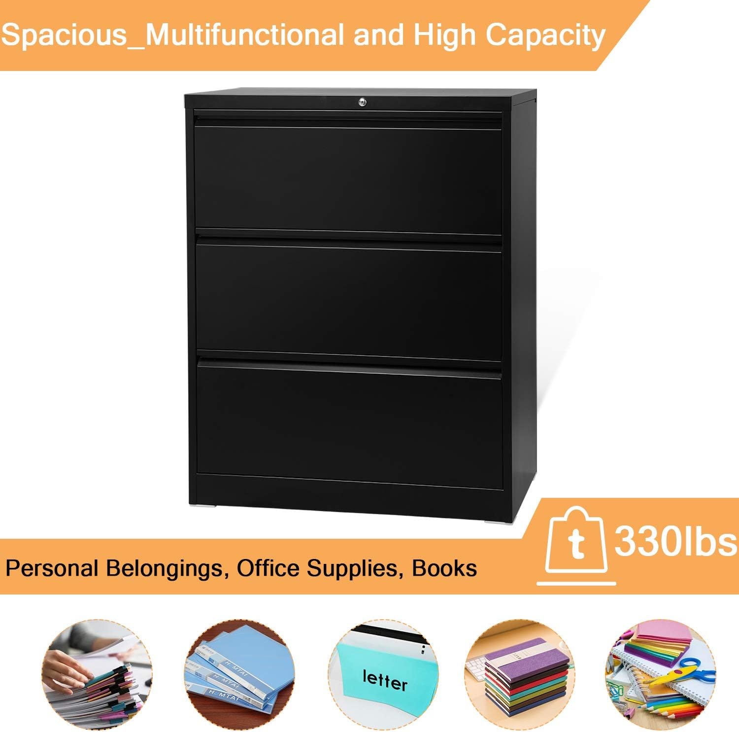 AOBABO 3 Drawer Lateral File Cabinet,Metal Filing Storage Cabinet with Lock,Steel File Cabinets for Office and Home,Black,Assembly Required