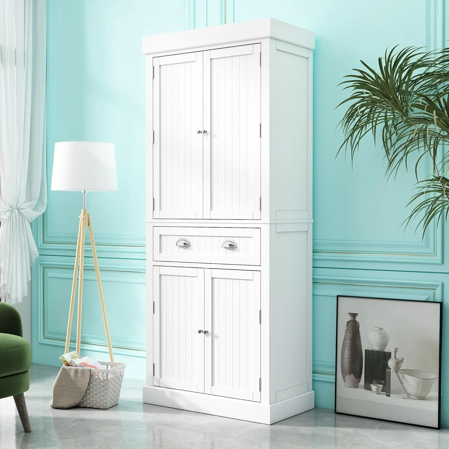 ChVans 72" Tall Kitchen Pantry with 4 Doors, Storage Cabinet with 1 Large Drawer 6 Hanging Shelves, Freestanding Cupboard for Dining Room Living Room(White)