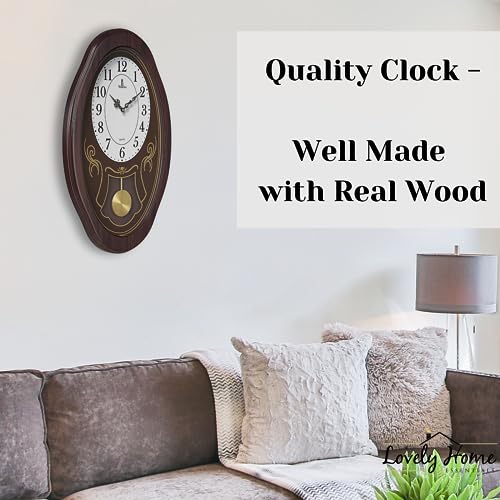Pendulum Wall Clock Battery Operated - Hanging Grandfather Wall Clock with Pendulum - Quiet Wood Pendulum Clock - Wooden Wall Clock for Living Room Decor, Office & Home Décor Gift 27x11.5