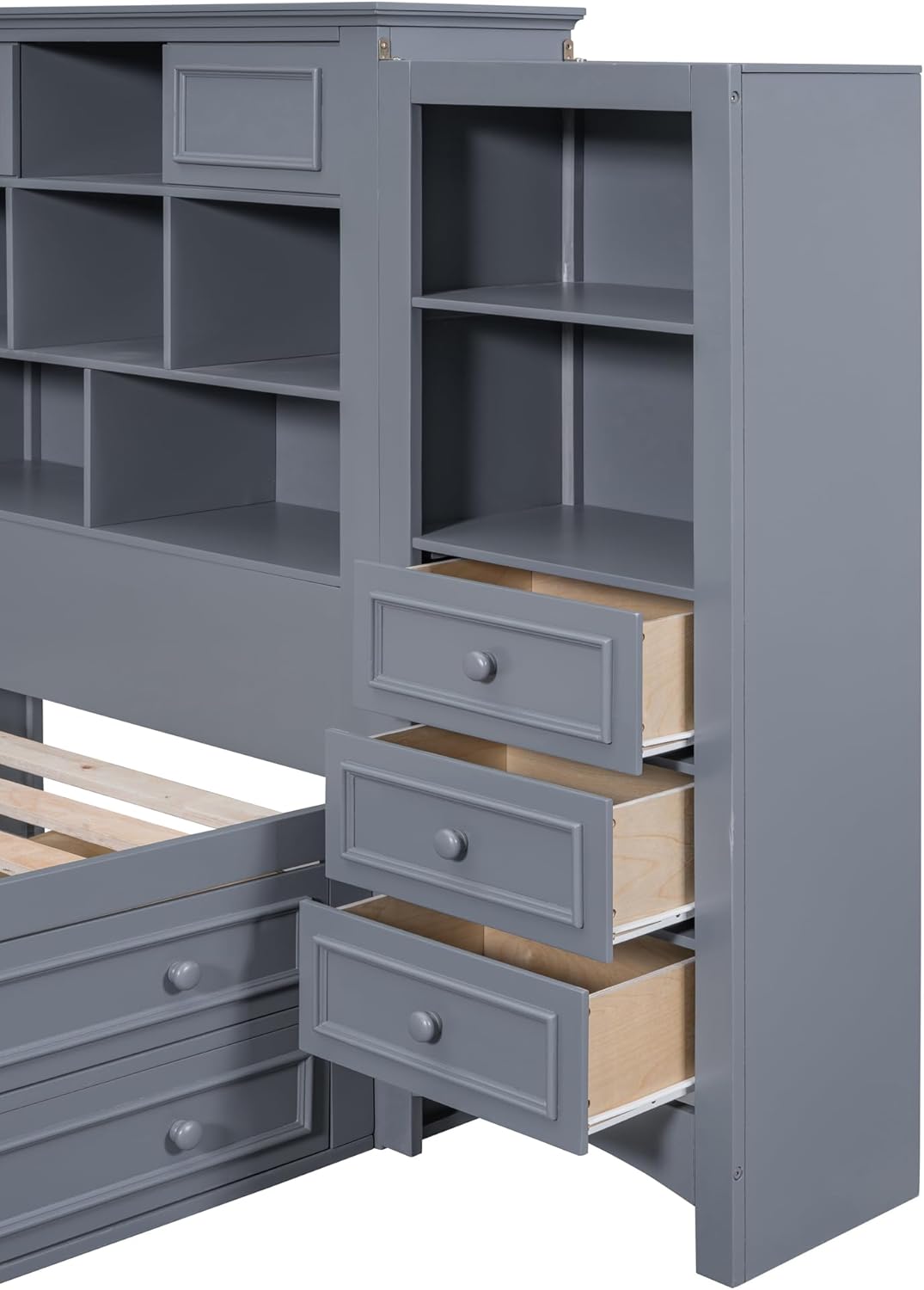 Twin Size Wood Platform Bed Frame with Bookcase Headboard and 4 Drawers on Each Side, Multi-Functional Beds with 12 Storage Shelves and 6 Drawers, for Bedroom Furniture, Space Saving, Gray