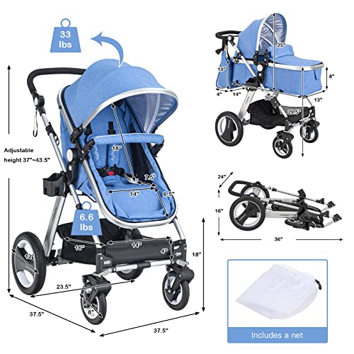 BABY JOY Baby Stroller, 2-in-1 Convertible Bassinet Reclining Stroller, Foldable Pram Carriage with 5-Point Harness, Including Cup Holder, Foot Cover, Diaper Bag, Aluminum Structure, Khaki