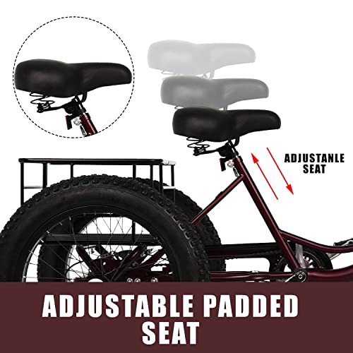 20 Inch Fat Tire Adult Tricycles 3 Wheel Bikes 7 Speed Adult Trikes Three-Wheeled Cruiser Bicycles Large Cruiser Seat with Shopping Basket for Seniors, Women, Men