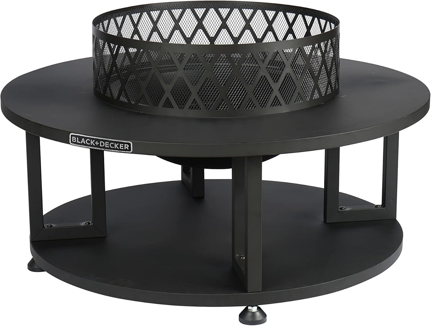 BLACK + DECKER 38" D Steel Wood burning fire pit with log storage area for entertaining backyard bonfires includes mesh lid and poker Black powder coated steel