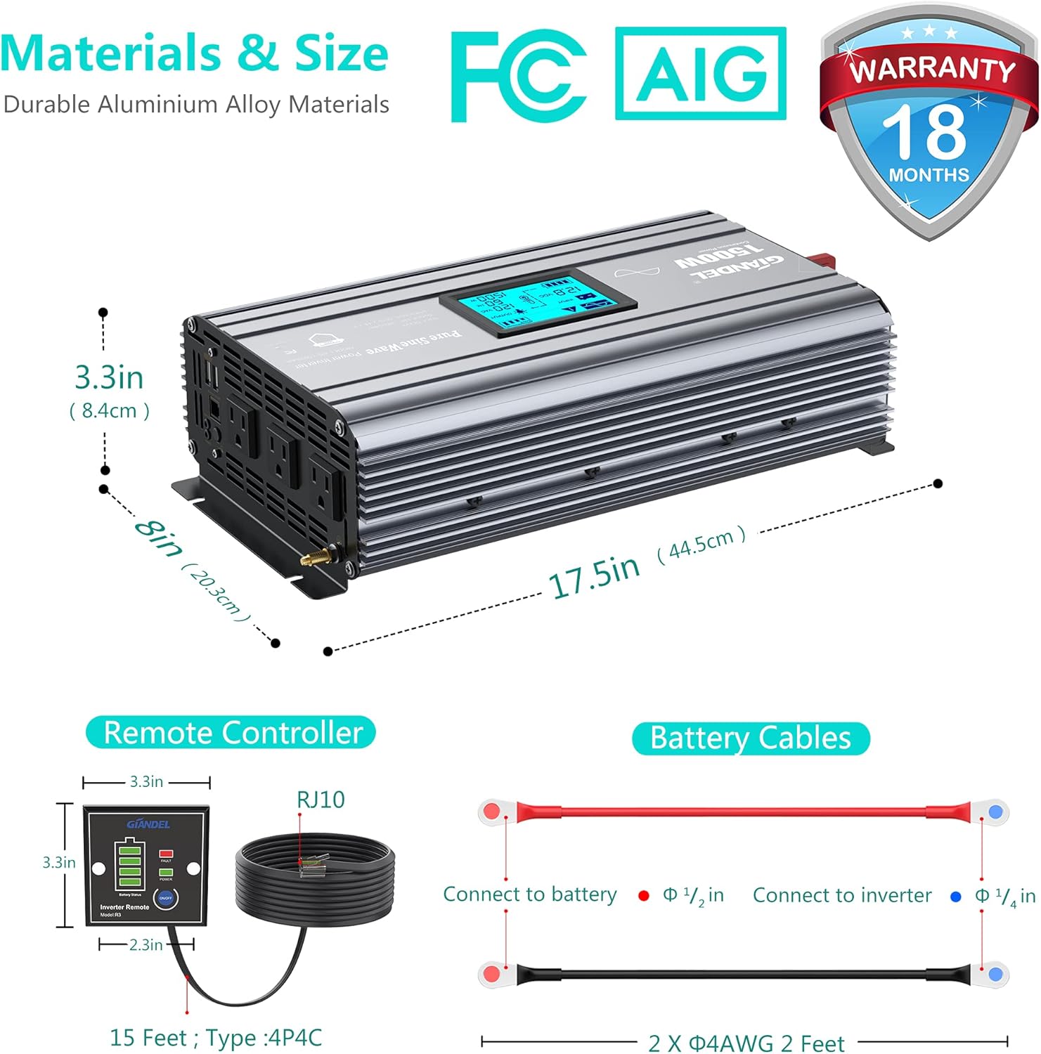 GIANDEL Pure Sine Wave Power Inverter 5000 Watt Converts DC 12 Volt to AC 120 Volt with Hard Wire Terminals & Push Mount Remote Control with LCD Display for Solar System RV Trucks Camper Boats