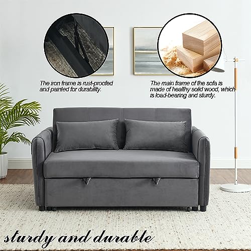 3-in-1 Versatile Convertible Sofa Bed, Velvet Double Sofa with Pull-out Bed, Futon Couch with Adjustable Backrest and Side Pocket,Loveseats Sofa Bed,Square Arms, for Living Room Apartment, Grey