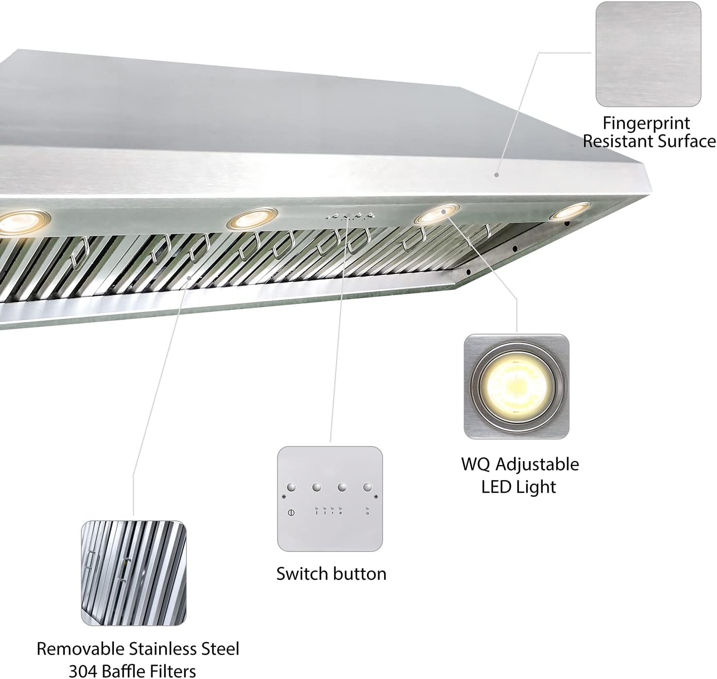 Stainless Steel Range Hood Island Mount 42'' W,42'' H, CT Copper Tailor Custom Handmade Metal Kitchen Vent Hood, With 4-Speed Exhaust Fan & LED Light,SH3-BS