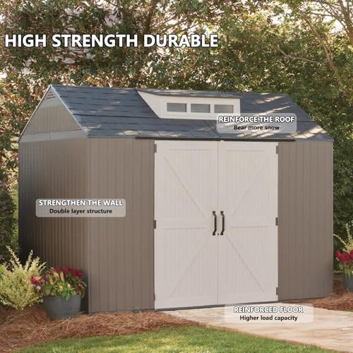 Large Resin Outdoor Storage Shed with Floor (7-10.5 Ft) - Weatherproof Double Wall Construction for Lawn Mowers, Garden Tools, Bike & Pool Supplies, Lockable (Brown, 7x7 FT)